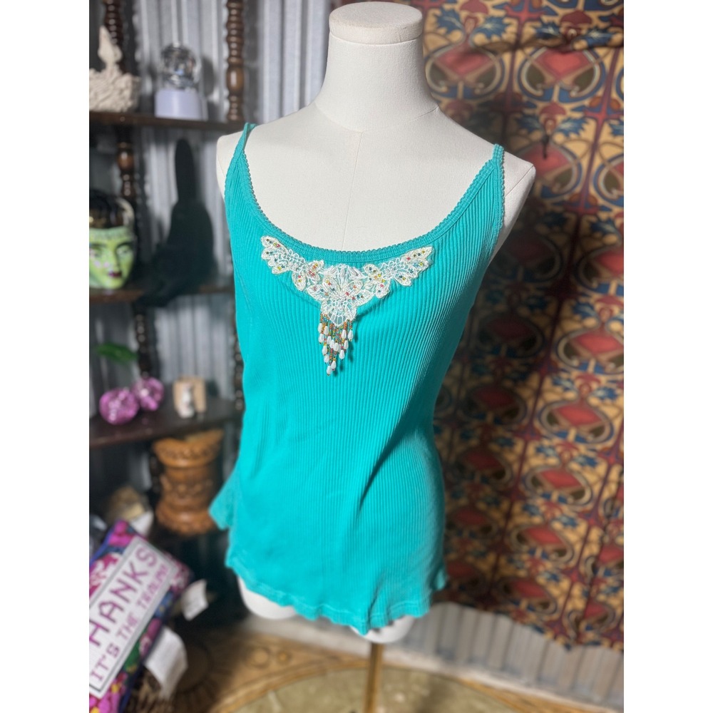 Cato Woman Teal Ribbed‎ Tank Top Beaded Embellished Sleeveless Plus Size